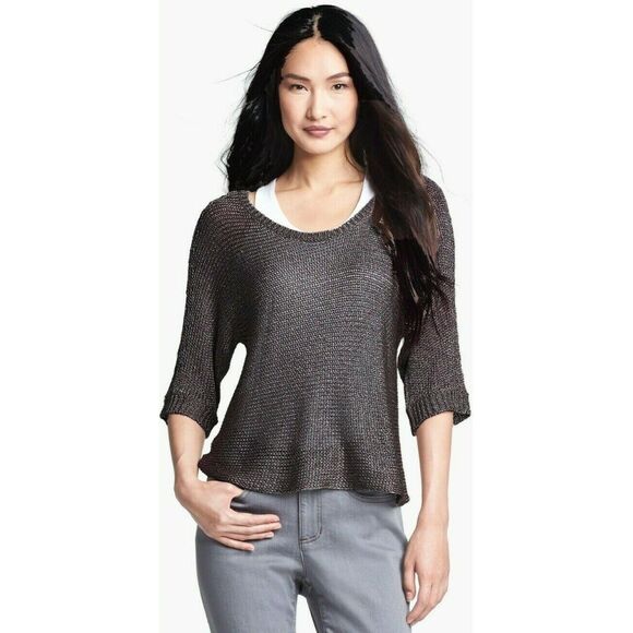 EILEEN FISHER Charcoal Gray Metallic Knit Scoop Neck Dolman Sleeve Sweater Large - Picture 1 of 6